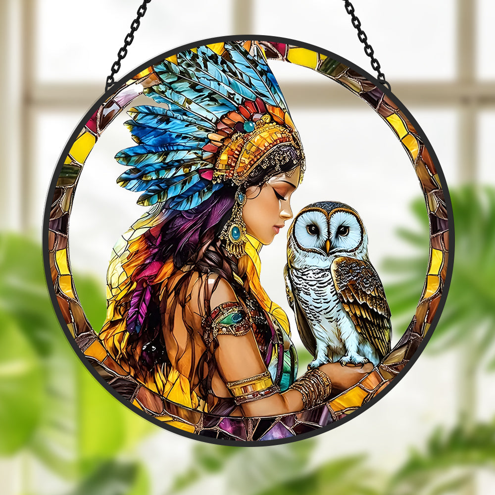 Indigenous Woman and Owl Sun Catcher Decoration Stained Glass Window Hanging