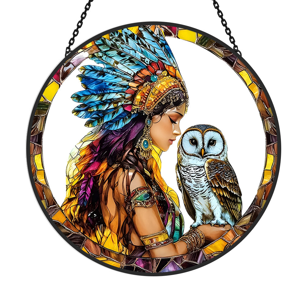 Indigenous Woman and Owl Sun Catcher Decoration Stained Glass Window Hanging