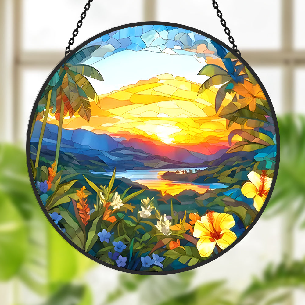Landscape Painting Acrylic Sun Catcher Decoration Stained Glass Window Hanging