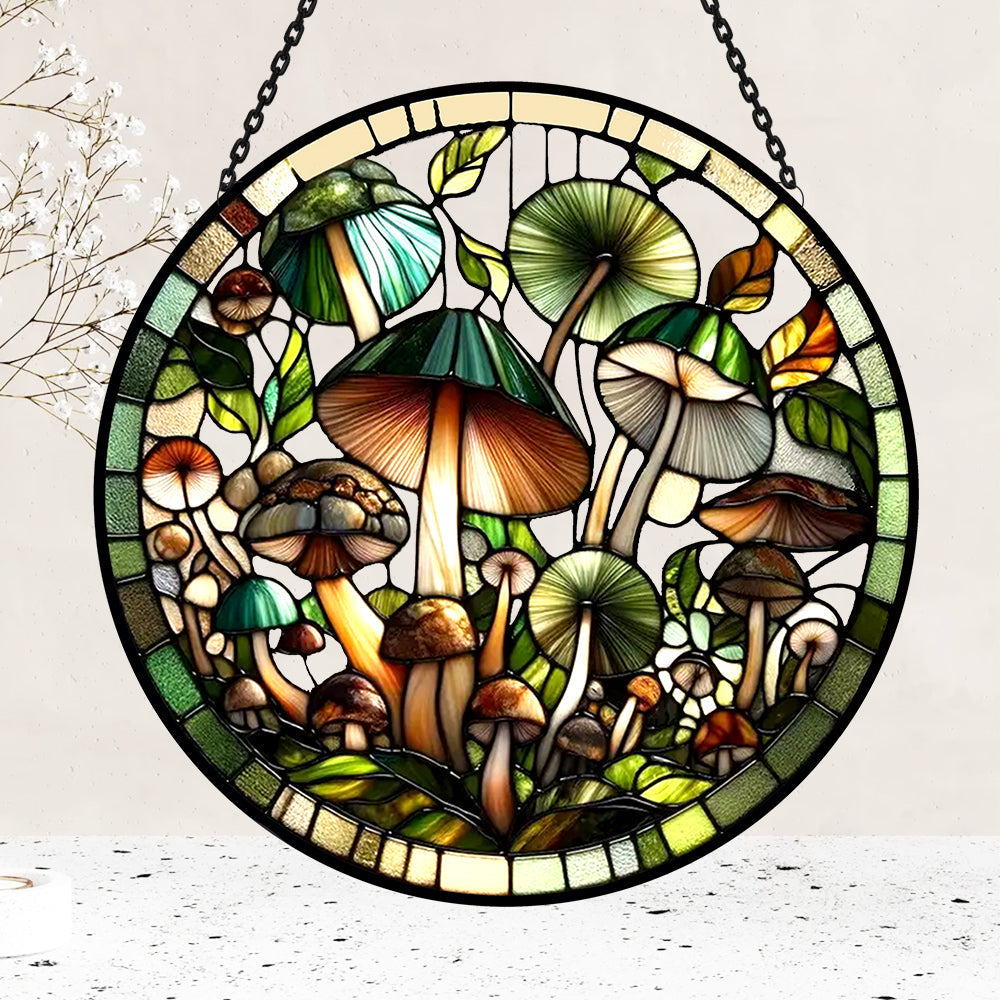 Mushroom and Plant Sun Catcher Decoration Stained Glass Window Hanging