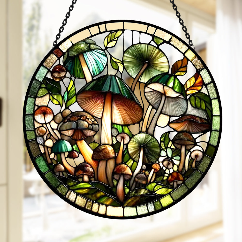 Mushroom and Plant Sun Catcher Decoration Stained Glass Window Hanging
