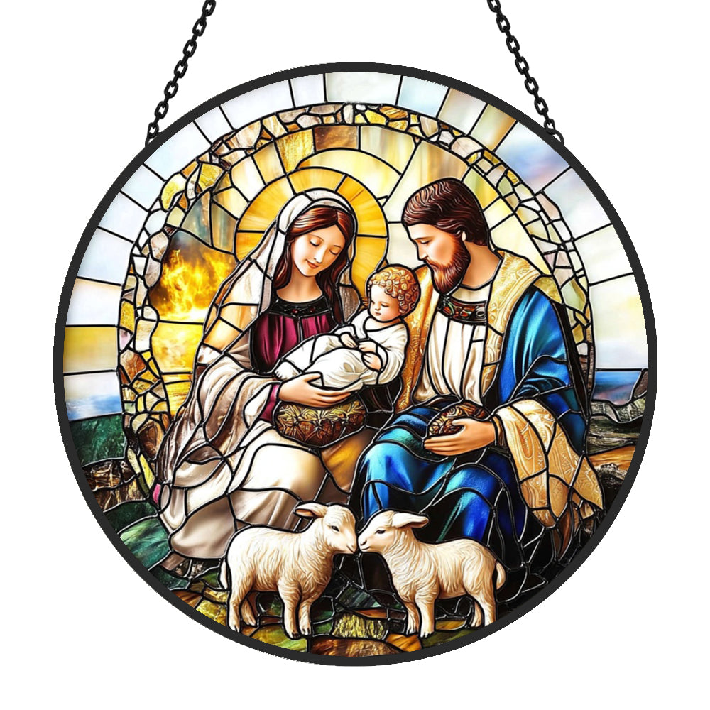 Nativity Scene Sun Catcher Decoration Stained Glass Window Hanging