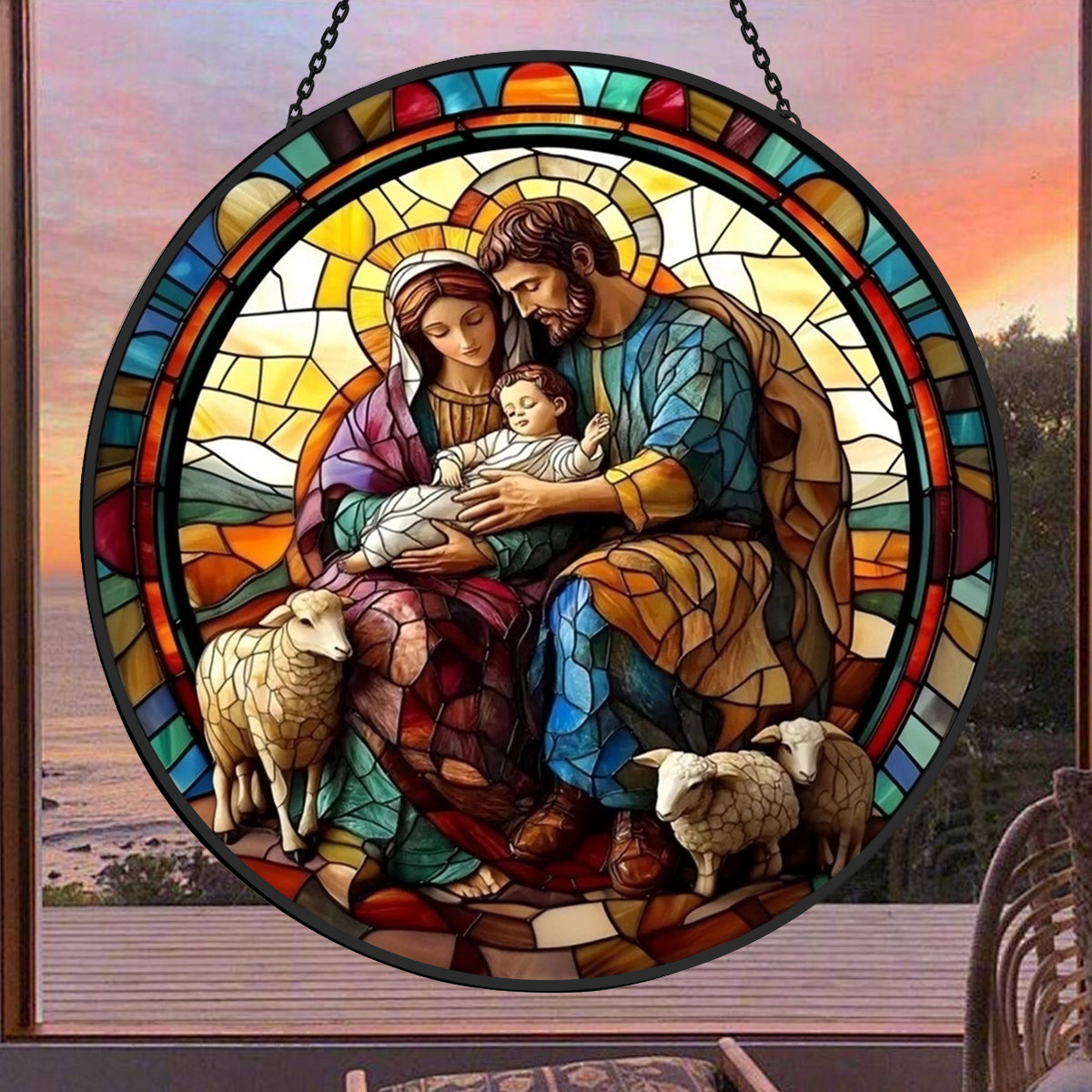 Nativity Scene Sun Catcher Decoration Stained Glass Window Hanging