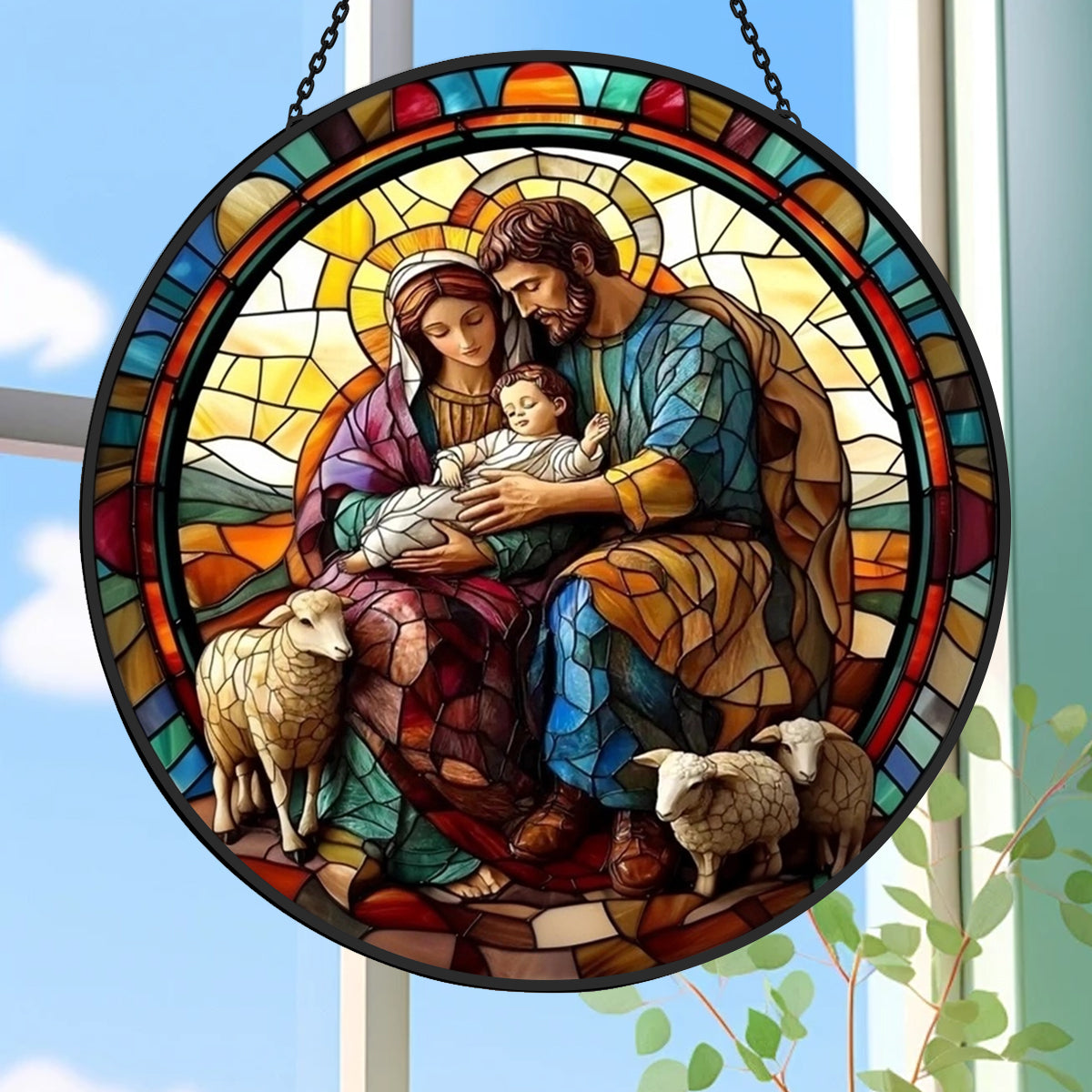 Nativity Scene Sun Catcher Decoration Stained Glass Window Hanging