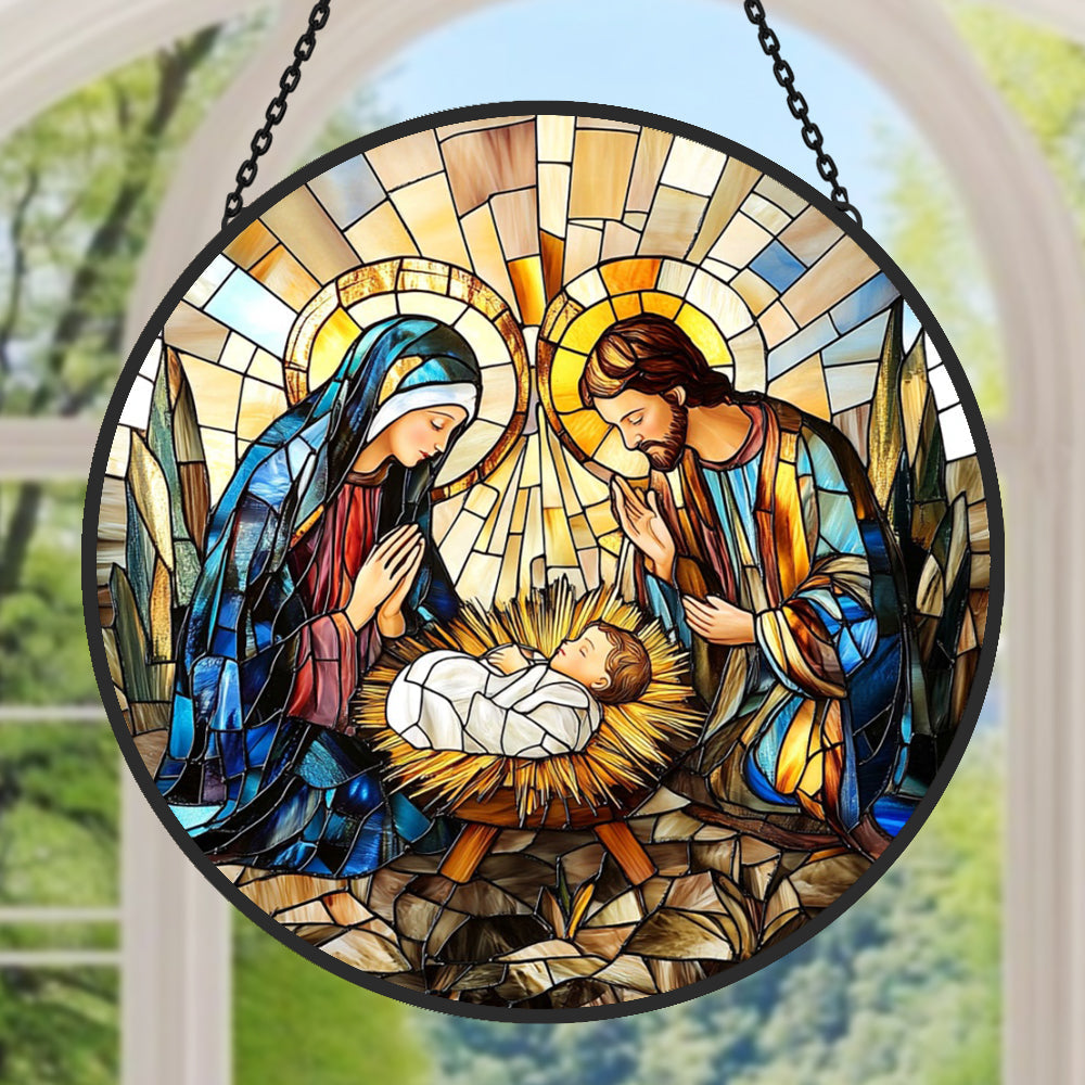 Nativity Scene Sun Catcher Decoration Stained Glass Window Hanging