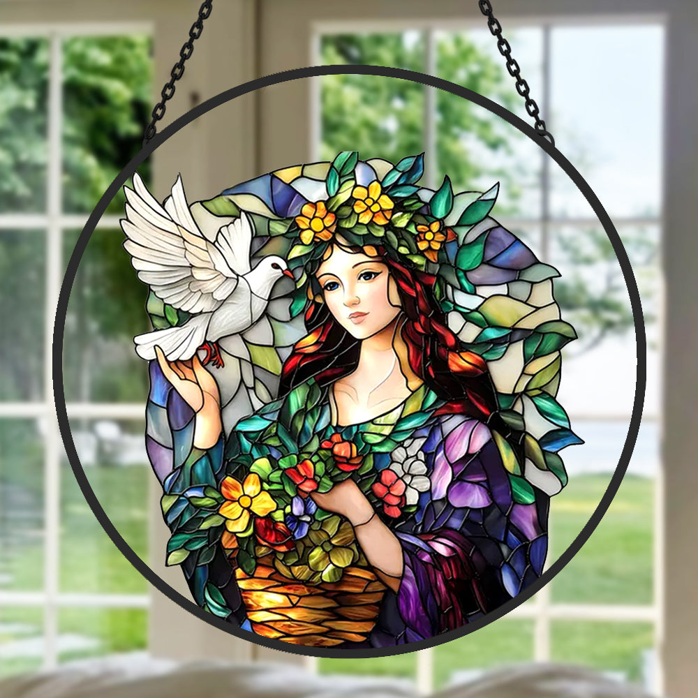 Peace Angel and Dove Sun Catcher Decoration Stained Glass Window Hanging