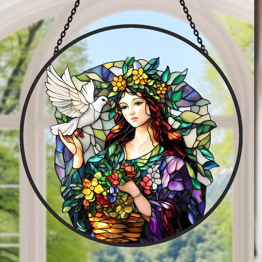 Peace Angel and Dove Sun Catcher Decoration Stained Glass Window Hanging
