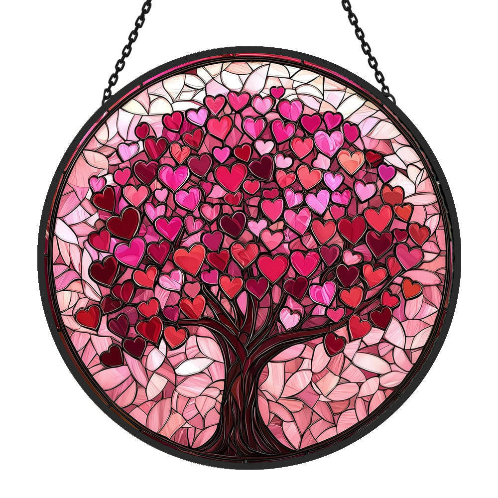Pink Love Tree of Life Sun Catcher Decoration Stained Glass Window Hanging