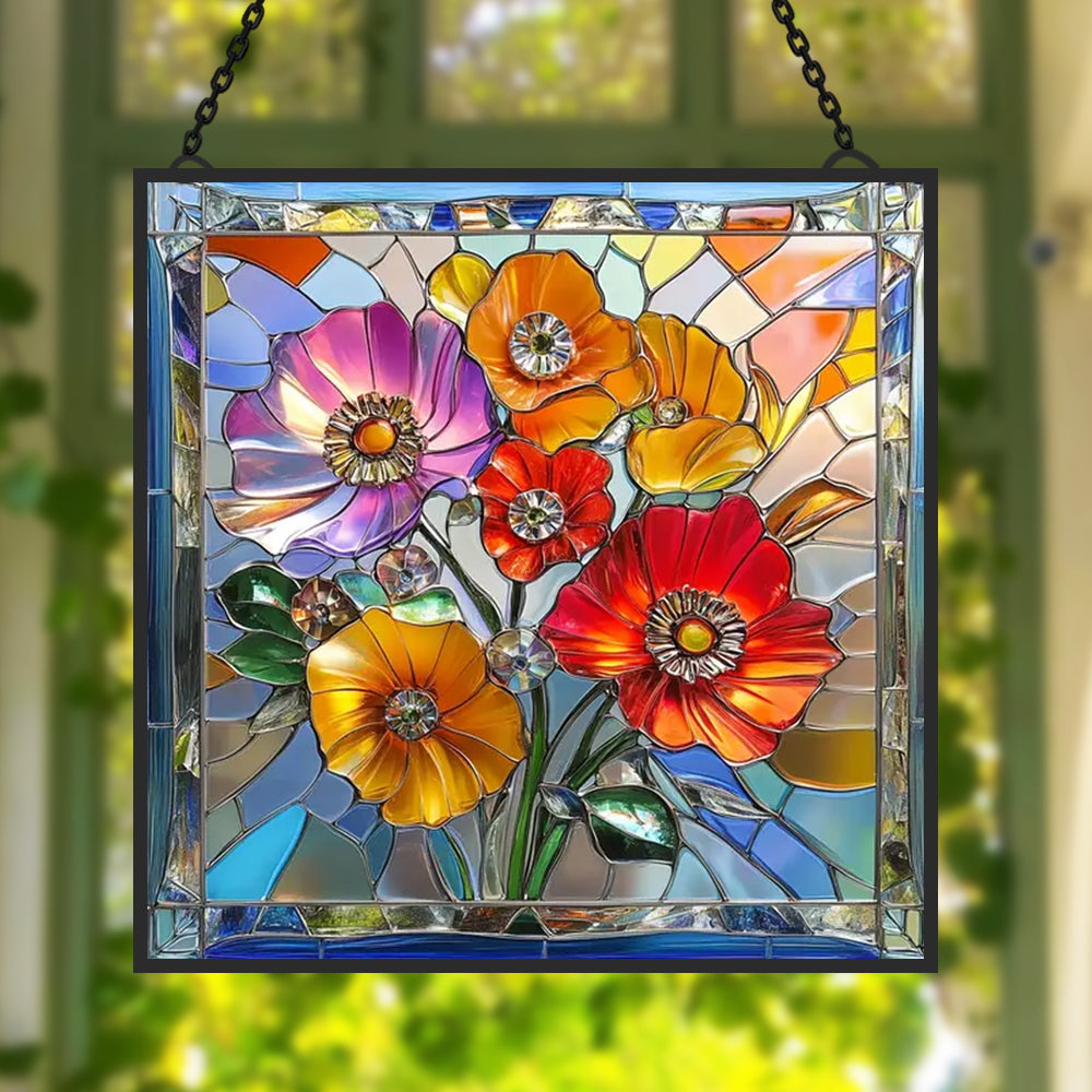 Poppy Bouquet Sun Catcher Decoration Stained Glass Window Hanging