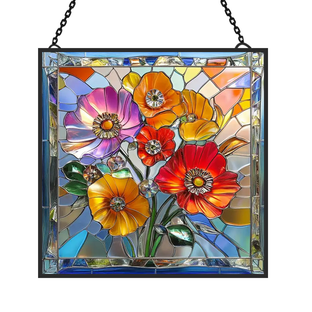 Poppy Bouquet Sun Catcher Decoration Stained Glass Window Hanging