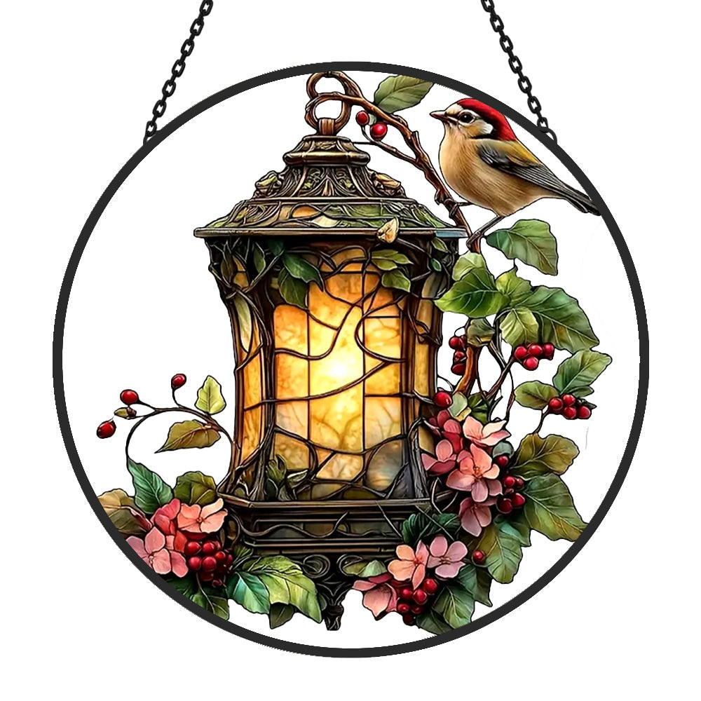 Robin Bird and Lantern Sun Catcher Decoration Stained Glass Window Hanging