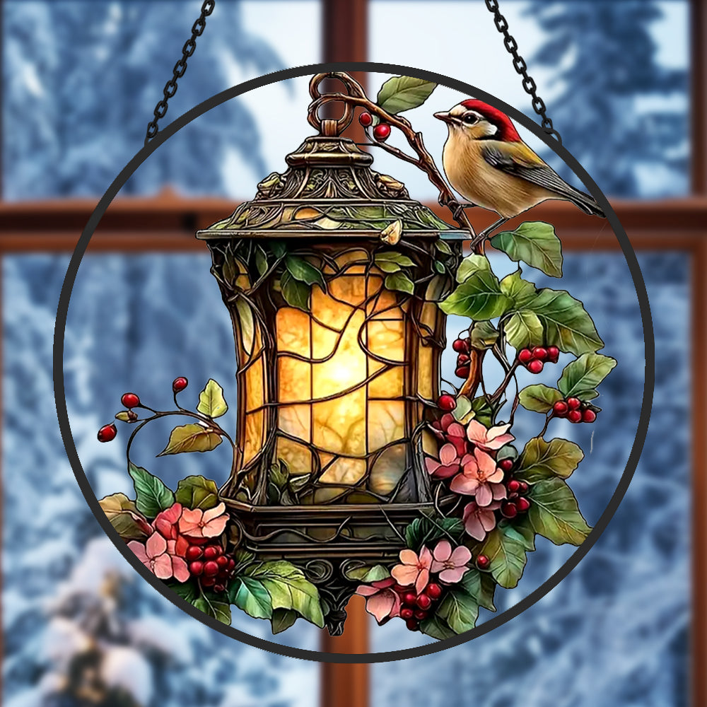 Robin Bird and Lantern Sun Catcher Decoration Stained Glass Window Hanging