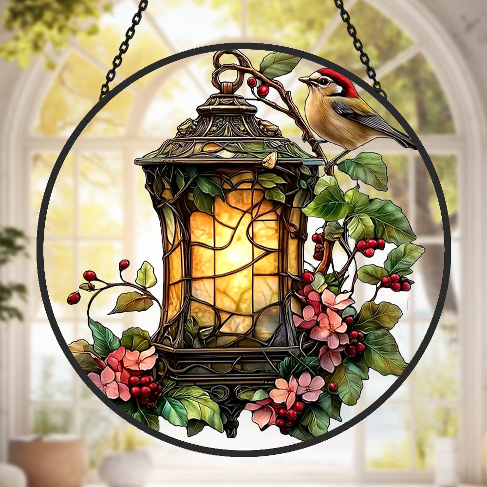Robin Bird and Lantern Sun Catcher Decoration Stained Glass Window Hanging