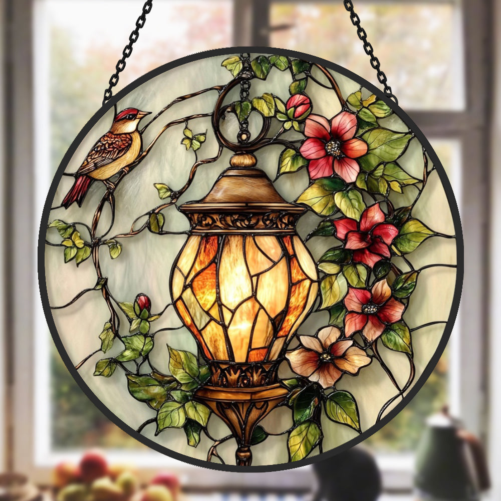 Robin Bird and Lantern Sun Catcher Decoration Stained Glass Window Hanging