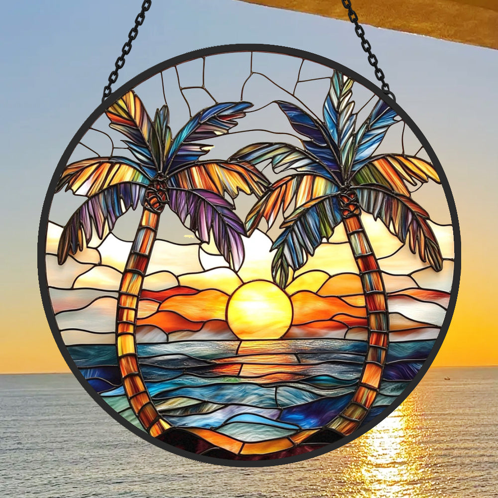 Tropical Sunset Palm Tree Sun Catcher Decoration Stained Glass Window Hanging