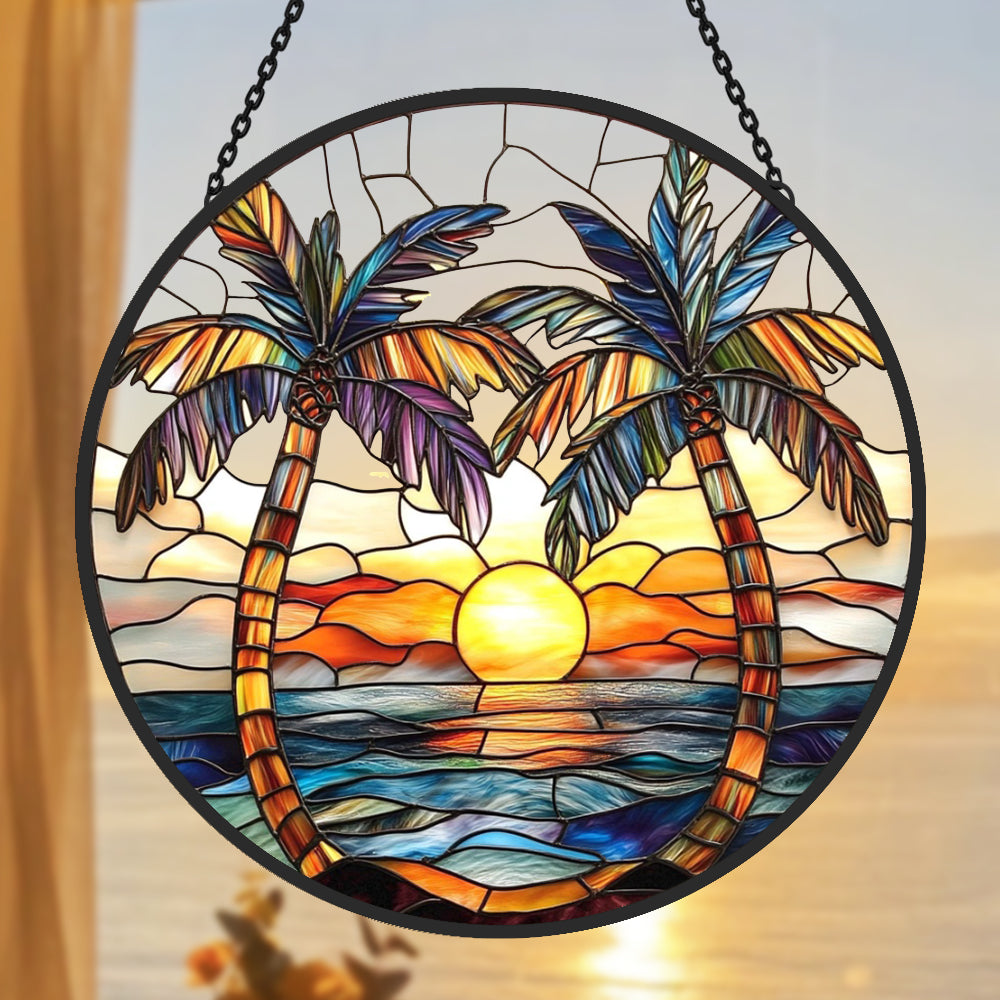 Tropical Sunset Palm Tree Sun Catcher Decoration Stained Glass Window Hanging