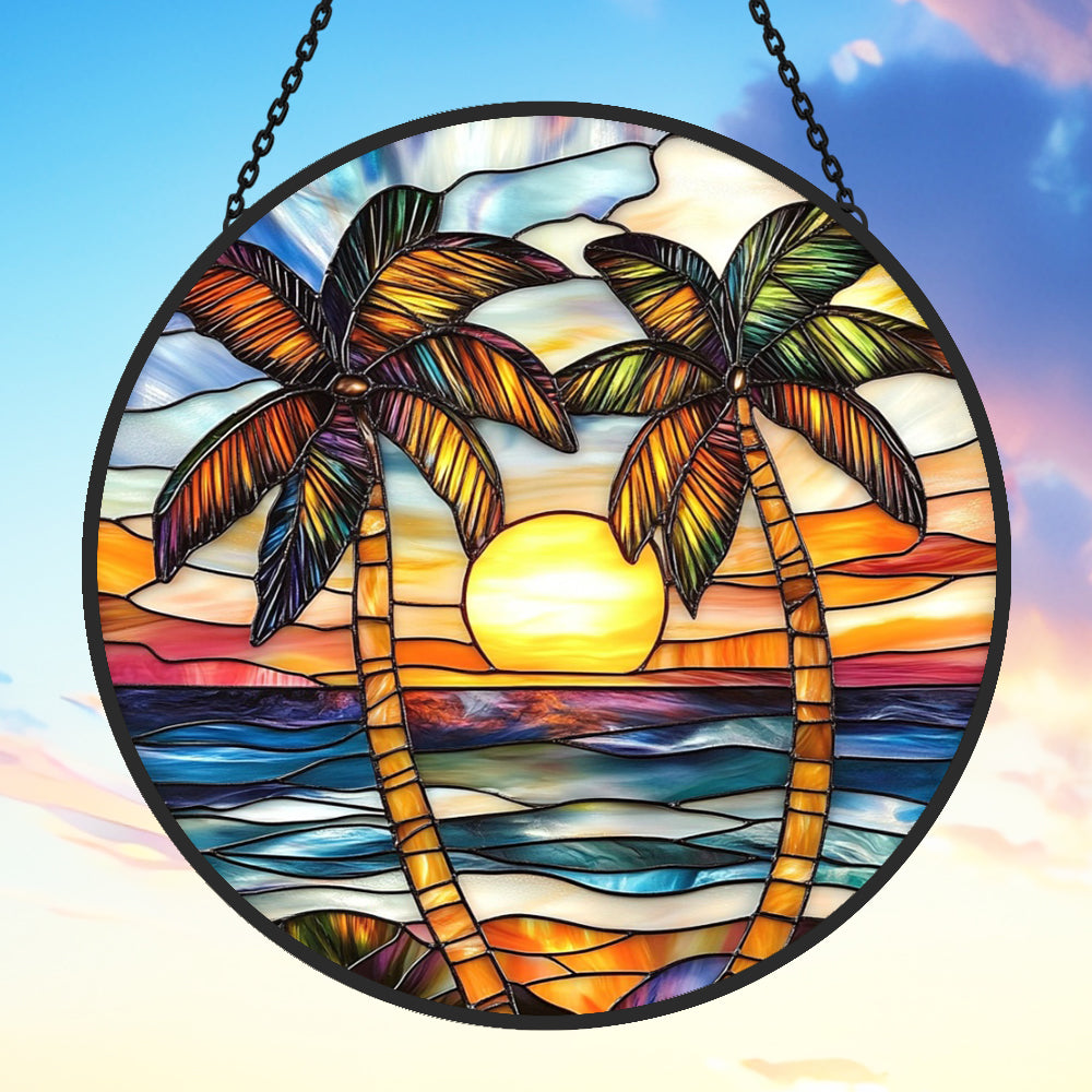 Tropical Sunset Palm Tree Sun Catcher Decoration Stained Glass Window Hanging