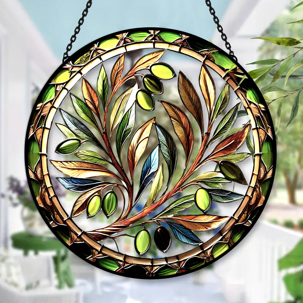 Vibrant Olive Tree Sun Catcher Decoration Stained Glass Window Hanging