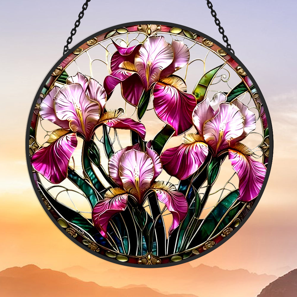 Vibrant Purple Iris Sun Catcher Decoration Stained Glass Window Hanging