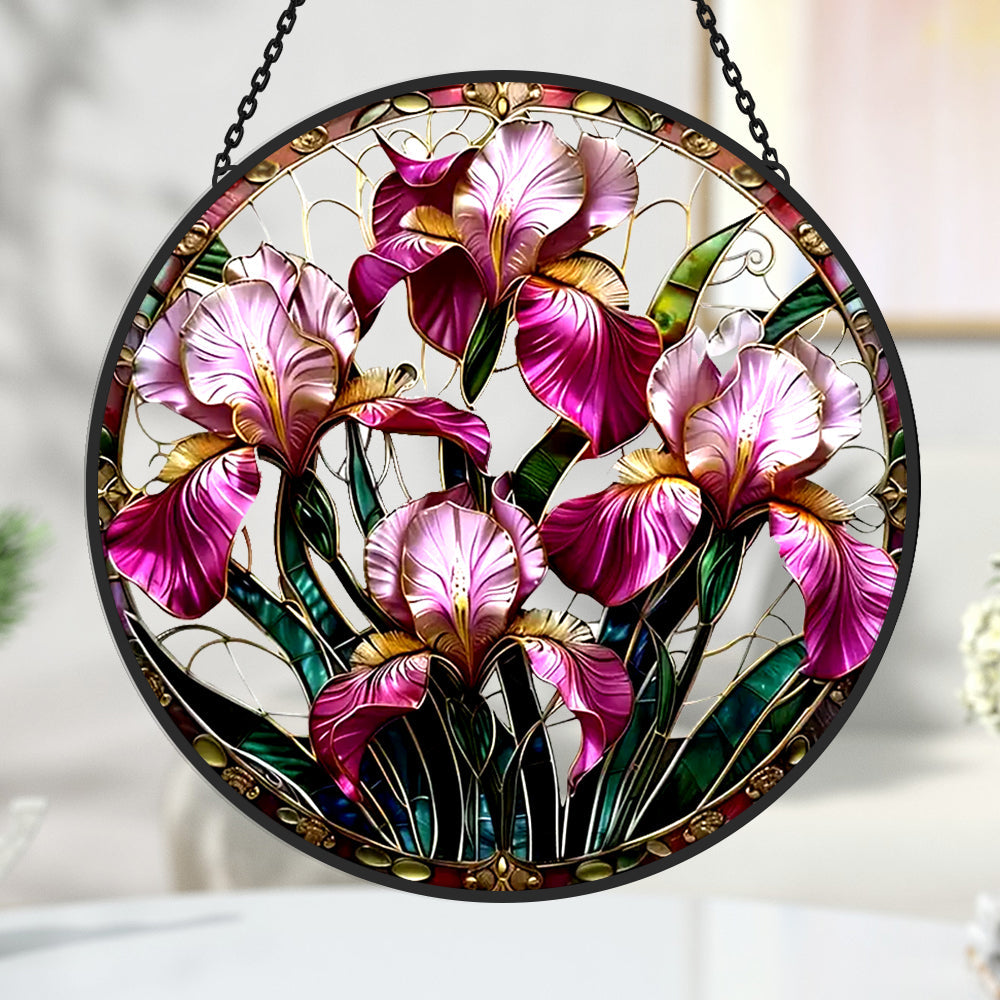 Vibrant Purple Iris Sun Catcher Decoration Stained Glass Window Hanging