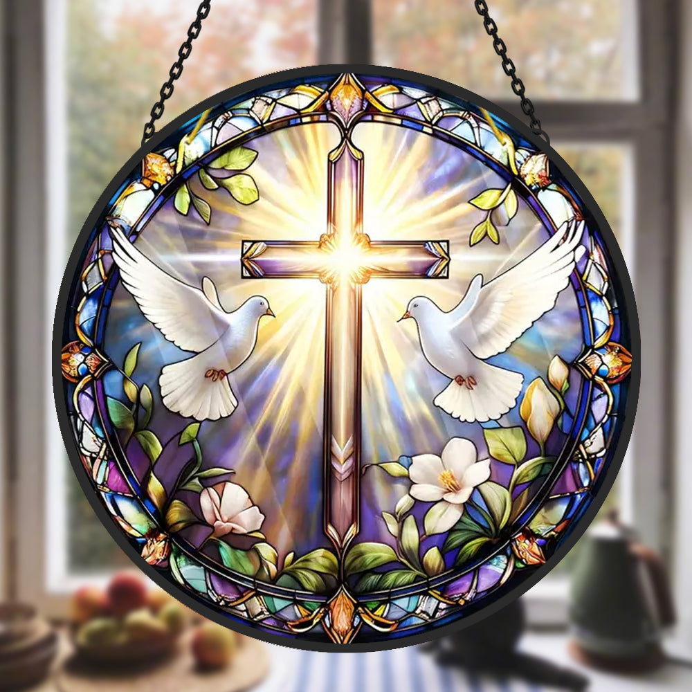 White Dove Cross Sun Catcher Decoration Stained Glass Window Hanging