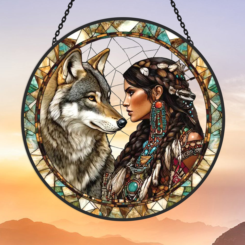 Wolf and Woman Sun Catcher Decoration Stained Glass Window Hanging