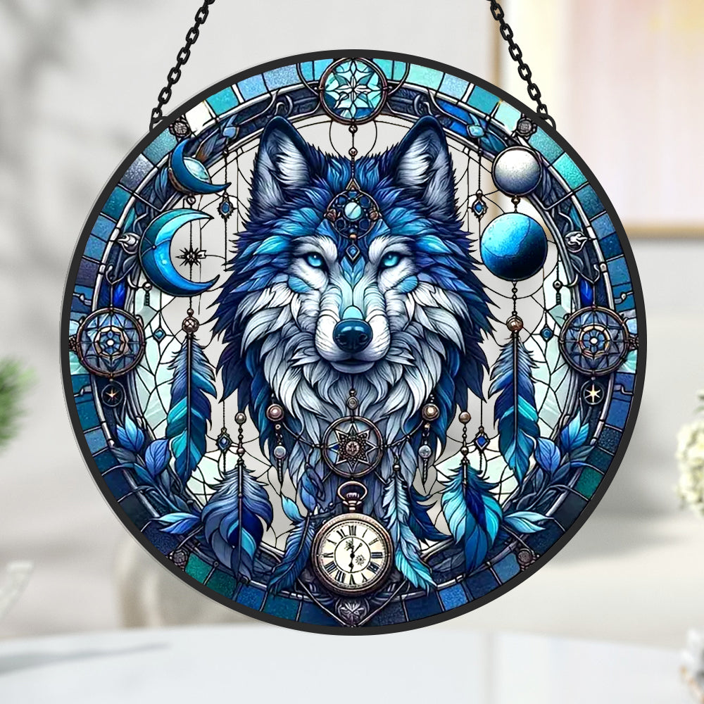 Wolf Sun Catcher Decoration Stained Glass Window Hanging