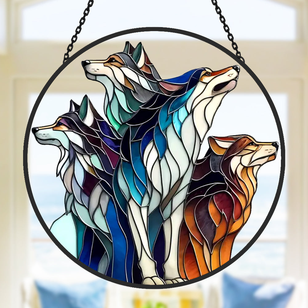 Wolf Sun Catcher Decoration Stained Glass Window Hanging