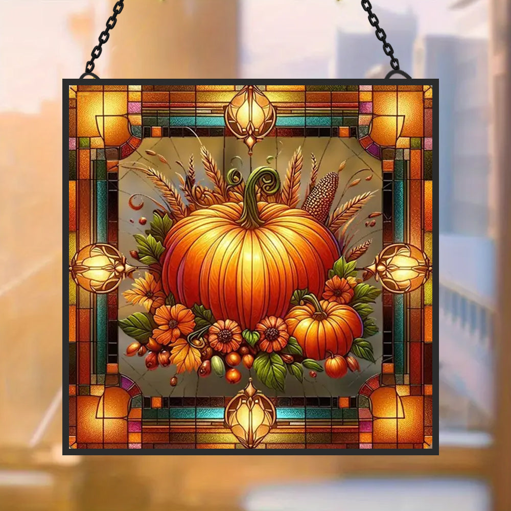 Autumn Harvest Pumpkin Sun Catcher Decoration Stained Glass Window Hanging