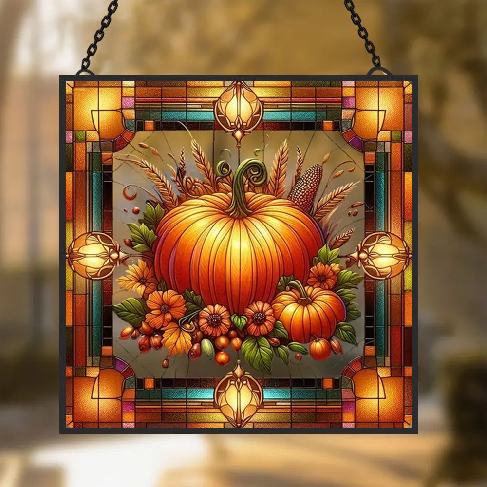 Autumn Harvest Pumpkin Sun Catcher Decoration Stained Glass Window Hanging