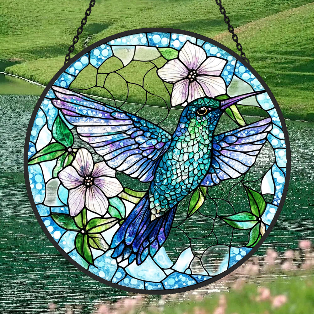Blue Hummingbird Sun Catcher Decoration Stained Glass Window Hanging