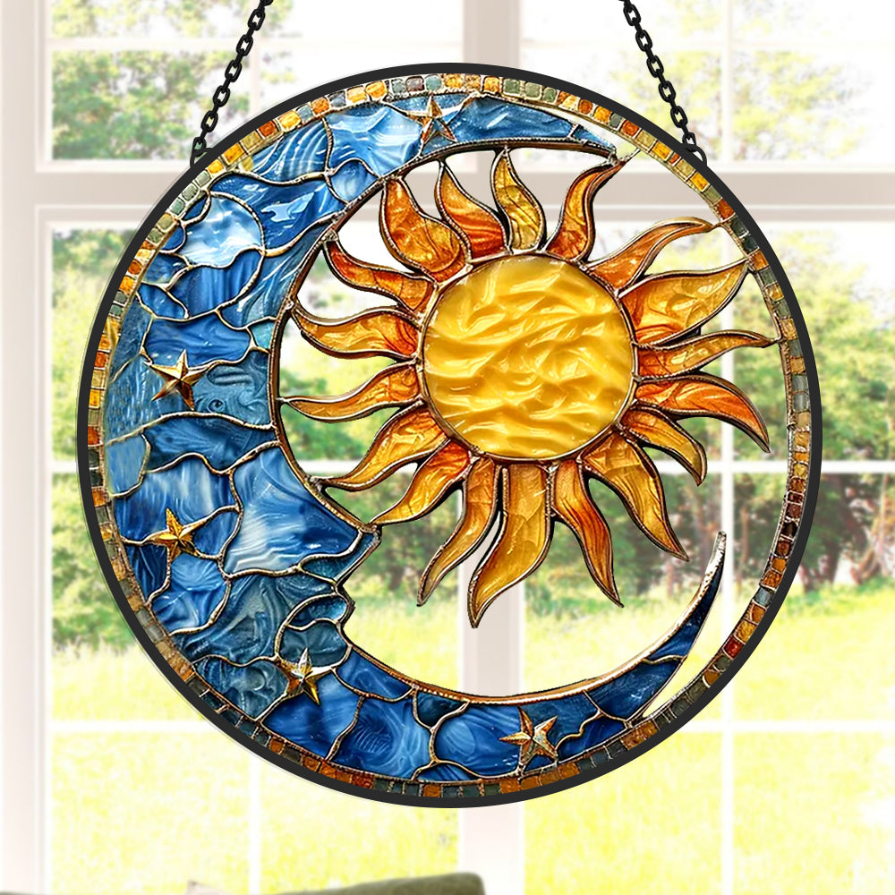Celestial Sun and Moon Sun Catcher Decoration Stained Glass Window Hanging