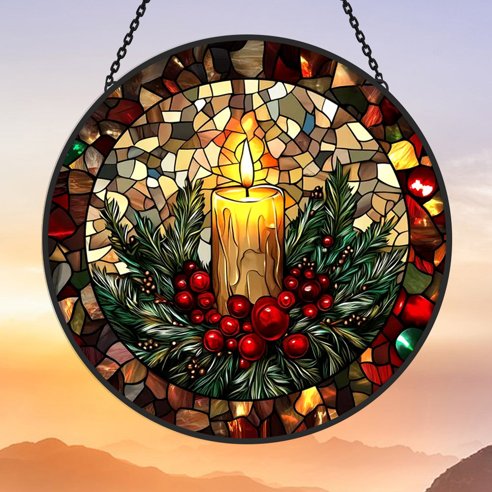 Christmas Candle Sun Catcher Decoration Stained Glass Window Hanging