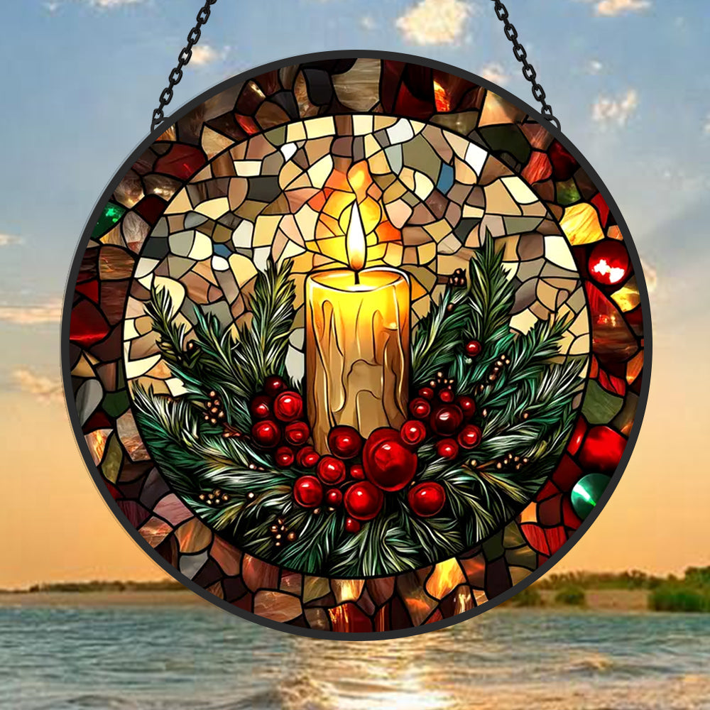Christmas Candle Sun Catcher Decoration Stained Glass Window Hanging