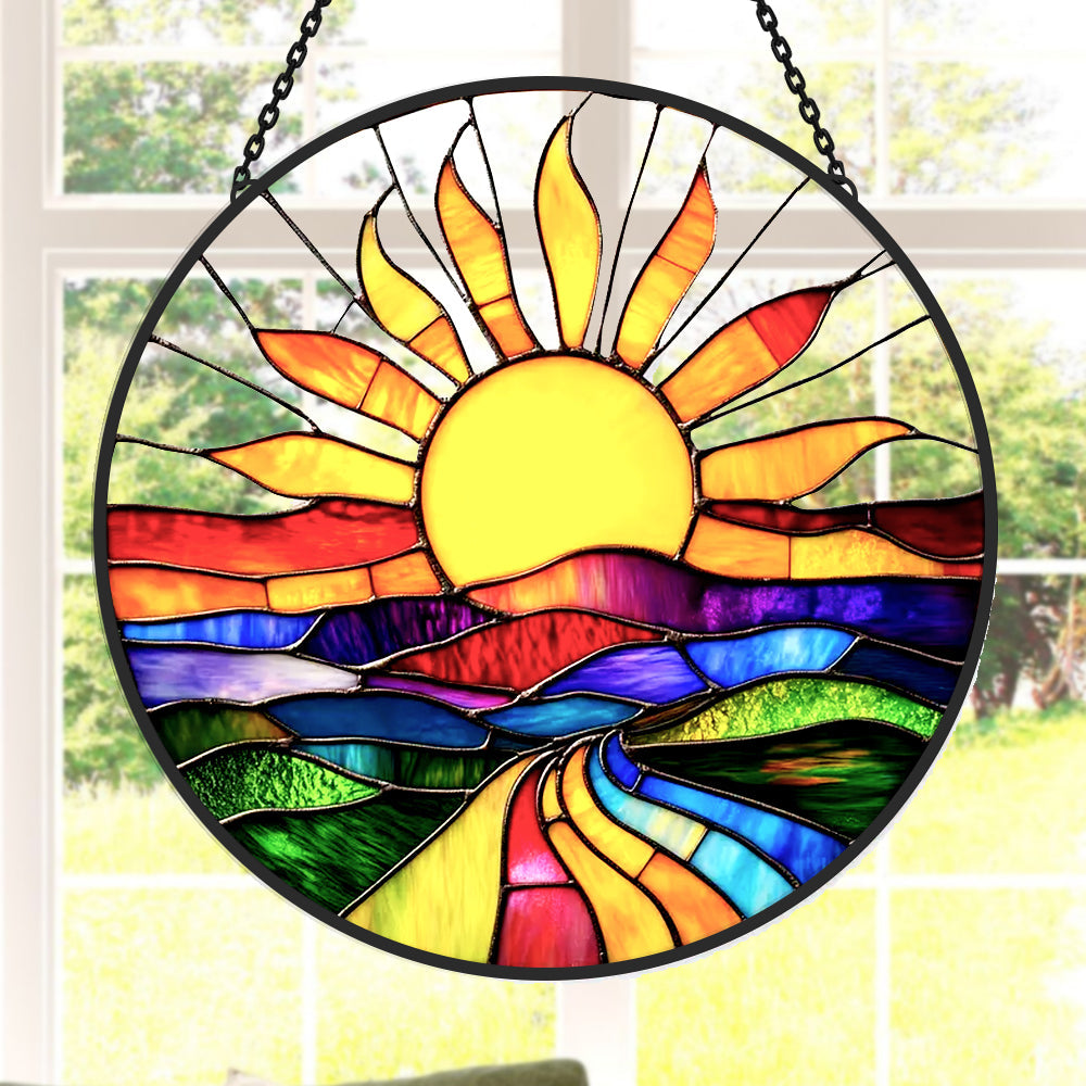 Colorful Sun Landscape Sun Catcher Decoration Stained Glass Window Hanging