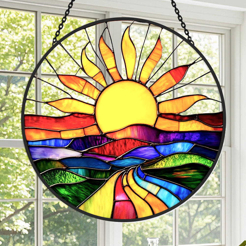 Colorful Sun Landscape Sun Catcher Decoration Stained Glass Window Hanging