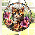 Cute Cat and Flowers Sun Catcher Decoration Stained Glass Window Hanging