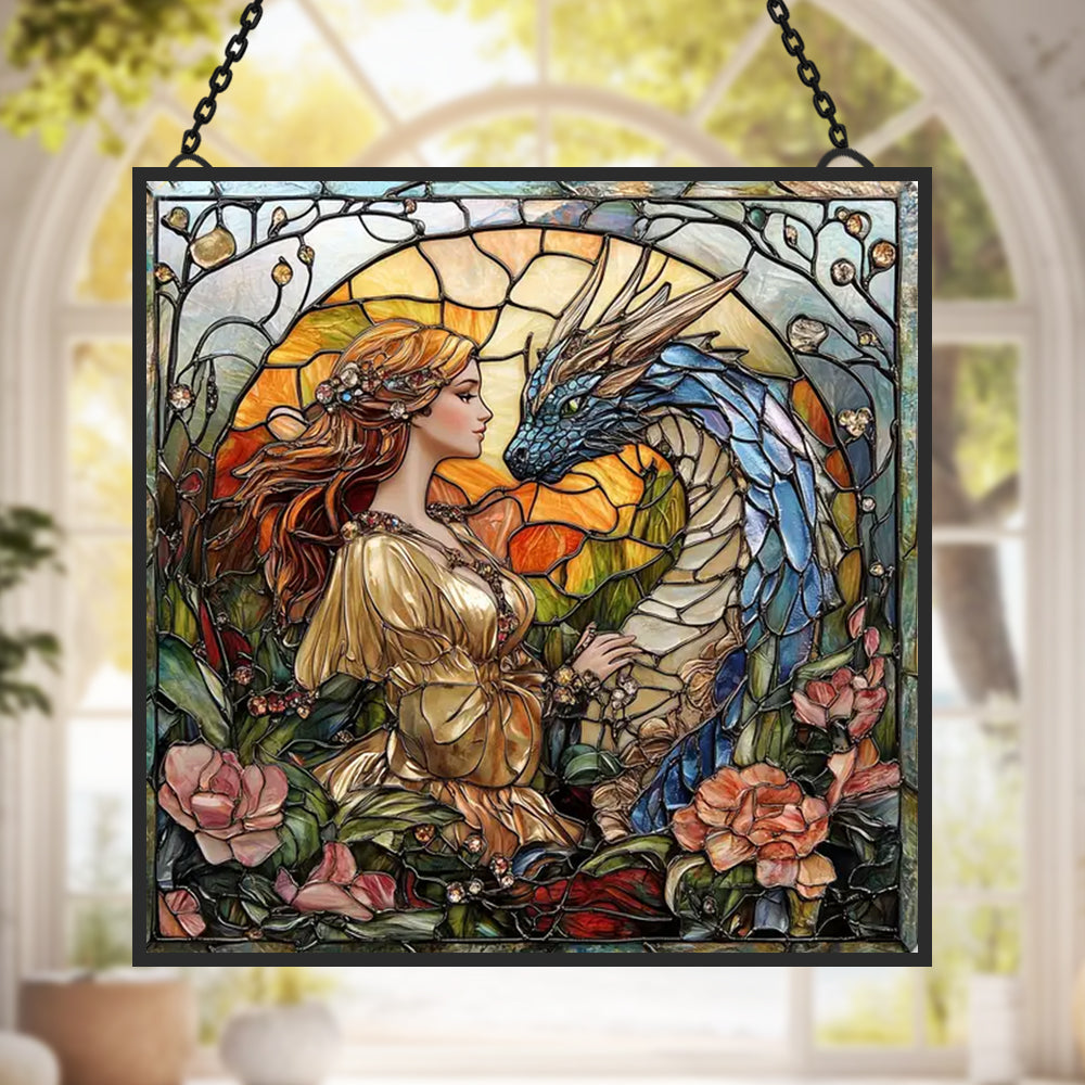 Enchanting Dragon and Girl Sun Catcher Decoration Stained Glass Window Hanging