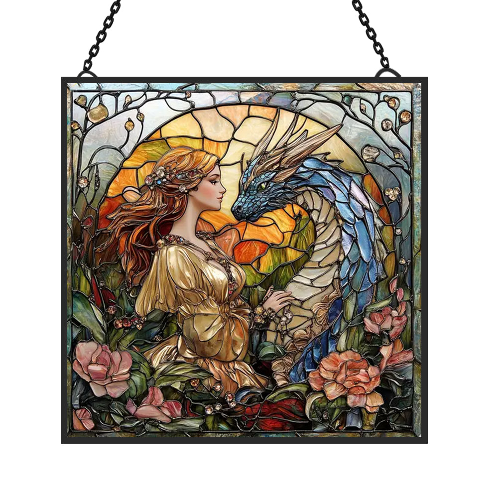 Enchanting Dragon and Girl Sun Catcher Decoration Stained Glass Window Hanging