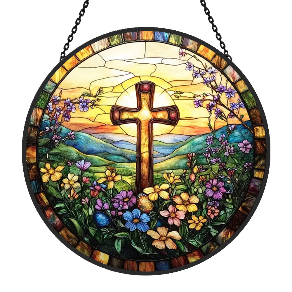 Flowers Cross Sun Catcher Decoration Stained Glass Window Hanging