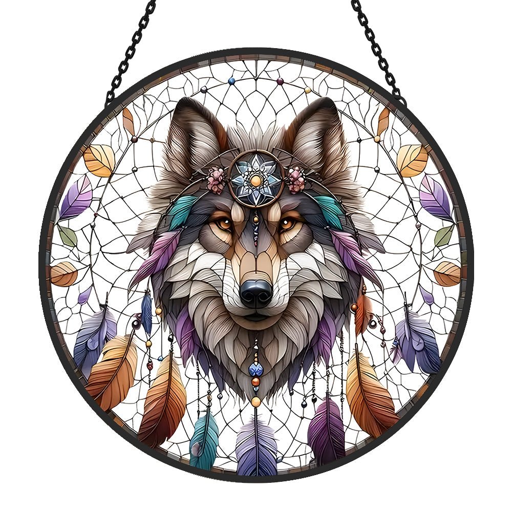 Gray Wolf Sun Catcher Decoration Stained Glass Window Hanging