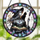 Halloween Witch and Black Cat Sun Catcher Decoration Stained Glass Window Hanging