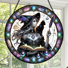 Halloween Witch and Black Cat Sun Catcher Decoration Stained Glass Window Hanging
