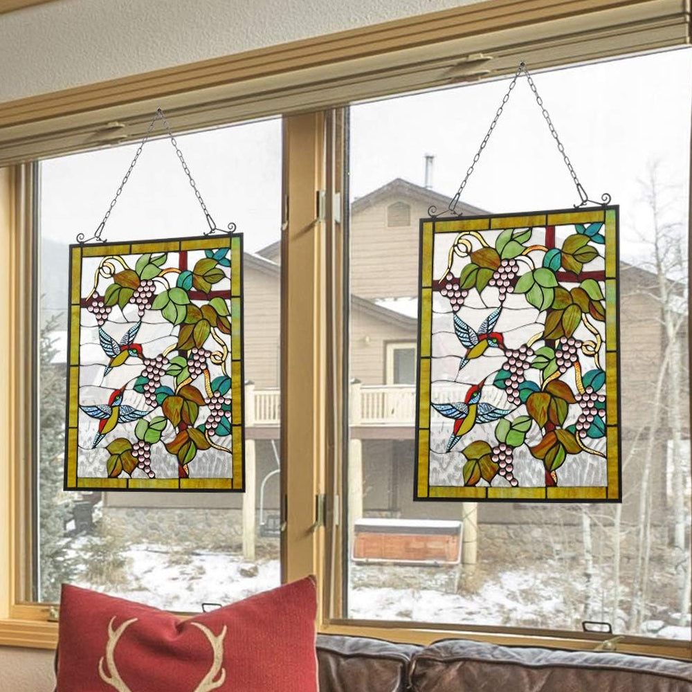 Hummingbird and Grape Trellis Sun Catcher Decoration Stained Glass Window Hanging