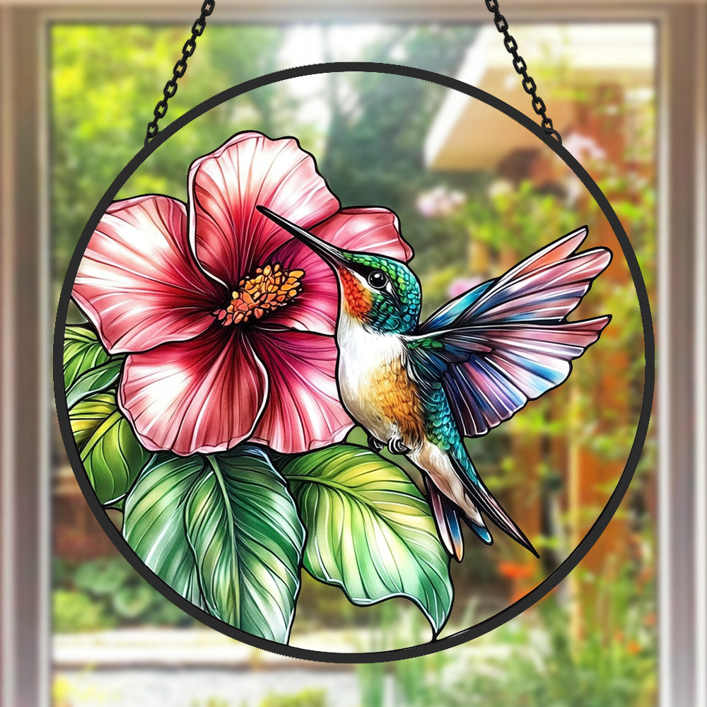 Hummingbird and Hibiscus Sun Catcher Decoration Stained Glass Window Hanging