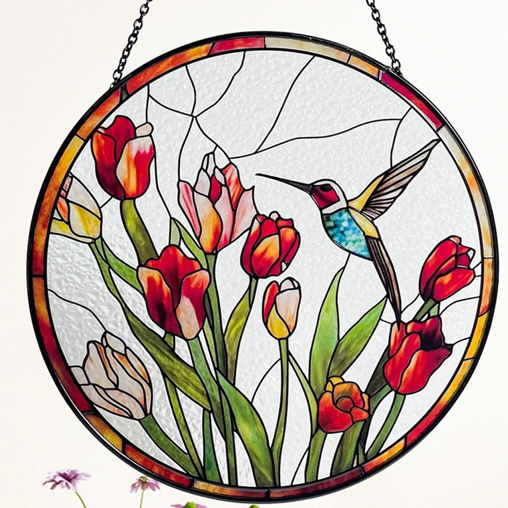 Hummingbird and Tulips Sun Catcher Decoration Stained Glass Window Hanging