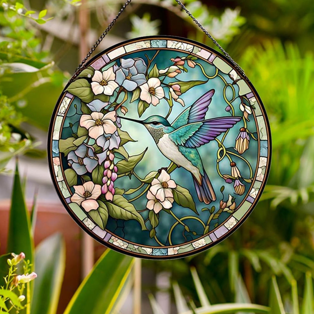 Hummingbirds and Flowers Sun Catcher Decoration Stained Glass Window Hanging