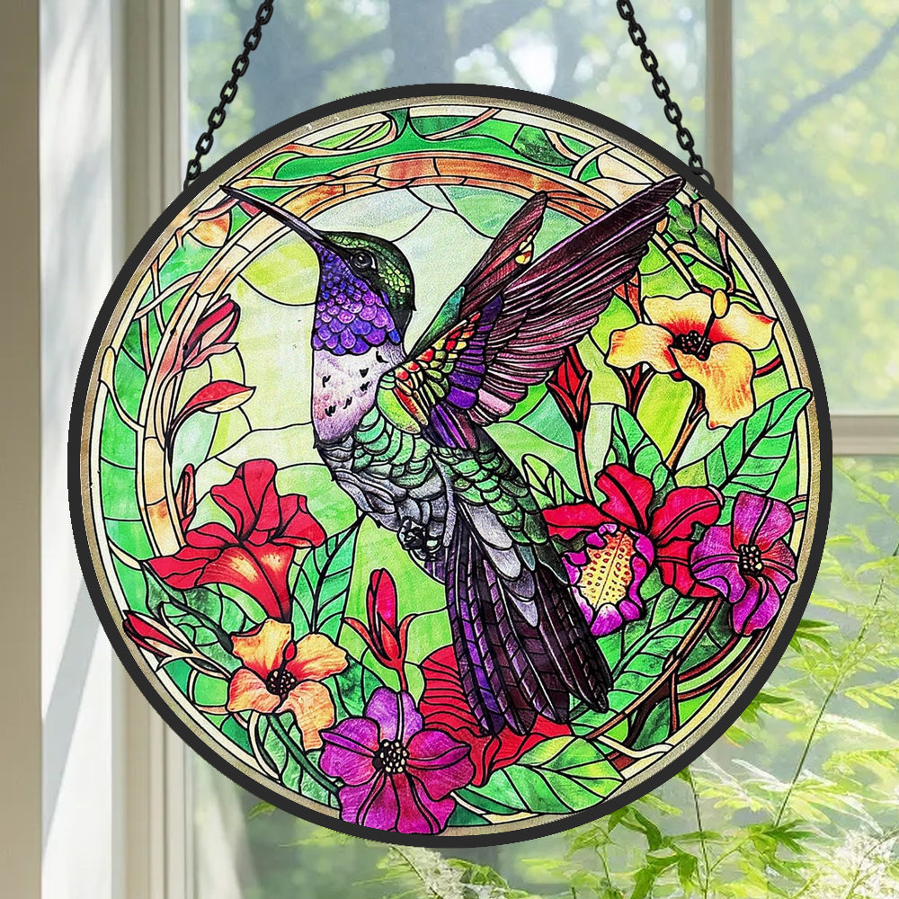 Hummingbirds and Flowers Sun Catcher Decoration Stained Glass Window Hanging