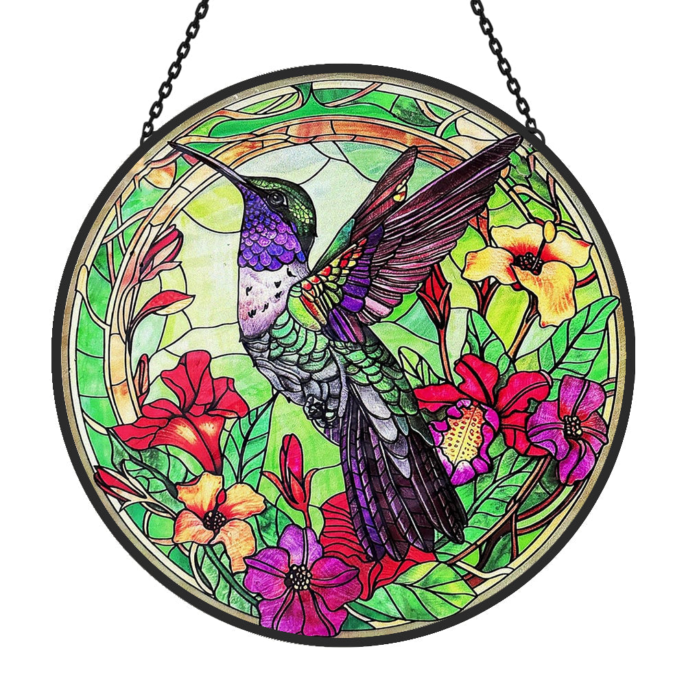 Hummingbirds and Flowers Sun Catcher Decoration Stained Glass Window Hanging