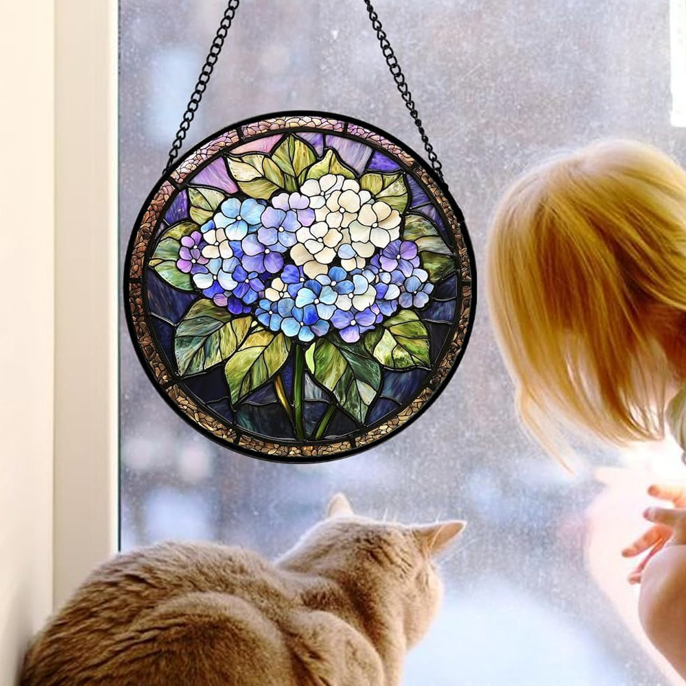 Hydrangea Flowers Sun Catcher Decoration Stained Glass Window Hanging